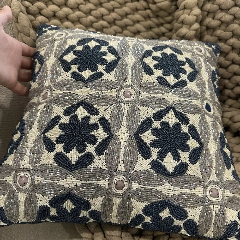 Pier 1 Imports Throw Pillow 13” Square Blue White Silver Beaded Geometric